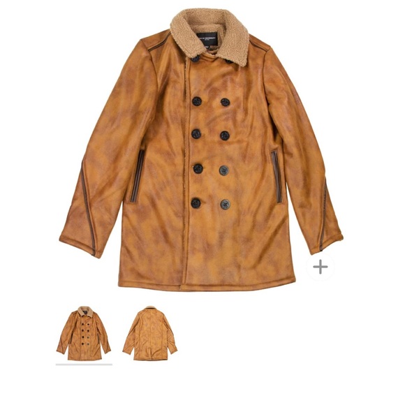 S Cult Of Individuality NEW NWT Brown Faux Leather Sherpa Peacoat Jacket Small - Picture 2 of 13